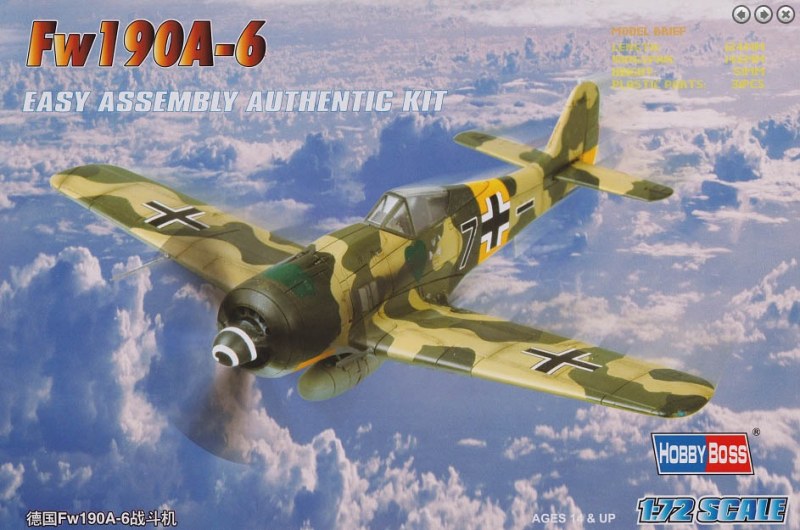 Das Bausatzcover des Easy Assembly Kit aus dem Hause HobbyBoss. Es liegen dem Kit Decals für zwei Fw 190 A-6 Versionen bei.