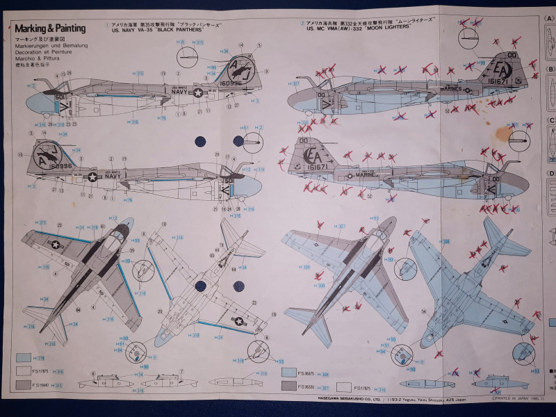 Japanische Bauanleitung 1:72 Hasegawa Nr. 709 von 1985 - Grumman A-6E Intruder VMA(AW)-332 Moonlighters 