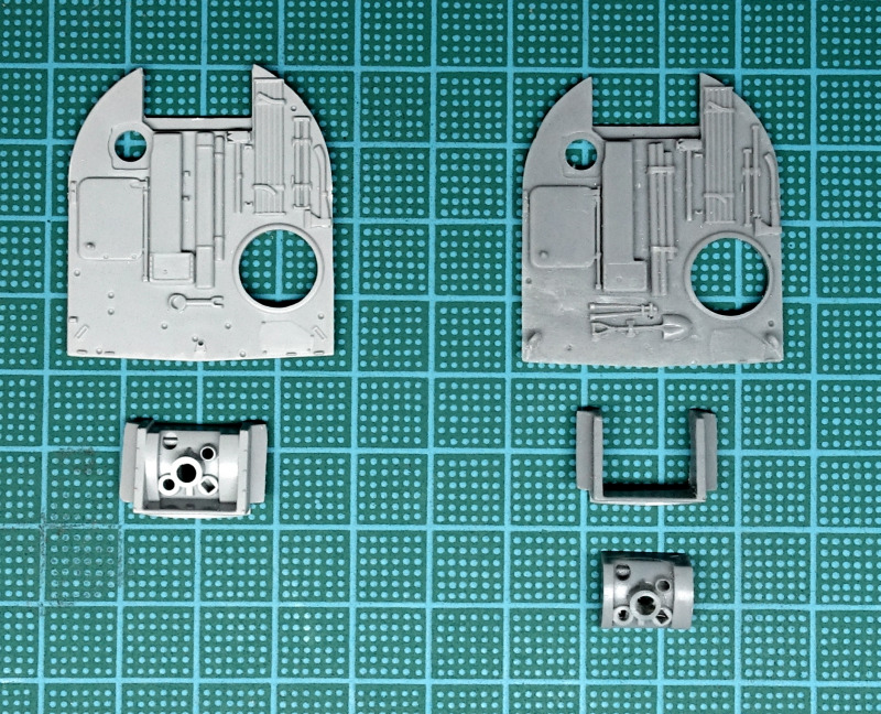 Deutlich sieht man die Unterschiede vom besagten Bauteil, welches eine vertikale Ausrichtung des Geschützes ermöglicht (links Revell, rechts Modelltrans)