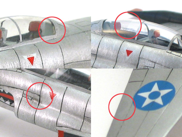 Bilderchronik der Missgeschicke im Uhrzeigersinn, oben links beginnend: im wahrsten Sinne des Wortes überflüssiger Spachtel im Cockpit, die 'benebelte' Kanzel, der kaschierte Klebefleck und die zu dominant ausgelegten Gravuren.
