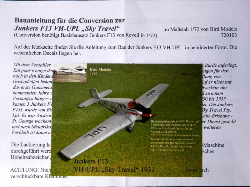 Bird Models - Junkers F13 "Sky Travel" VH-UPL