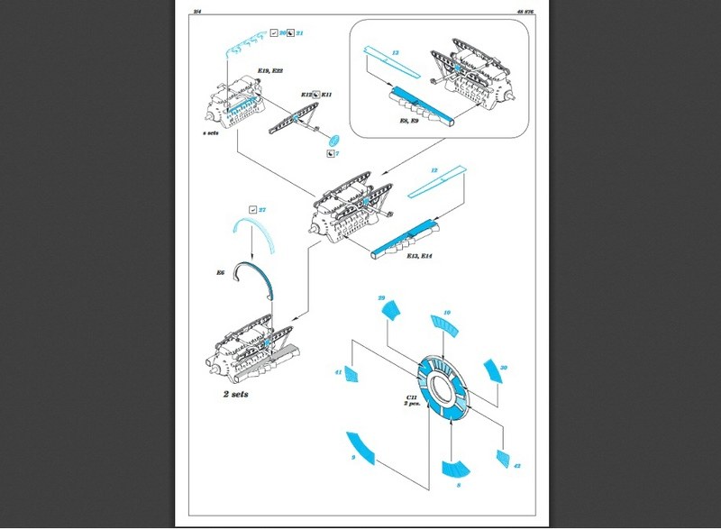 Bauanleitung, Seite 2. Beachte die Teile für die Detaillierung des Motorkühlers. (Grafik: Eduard)