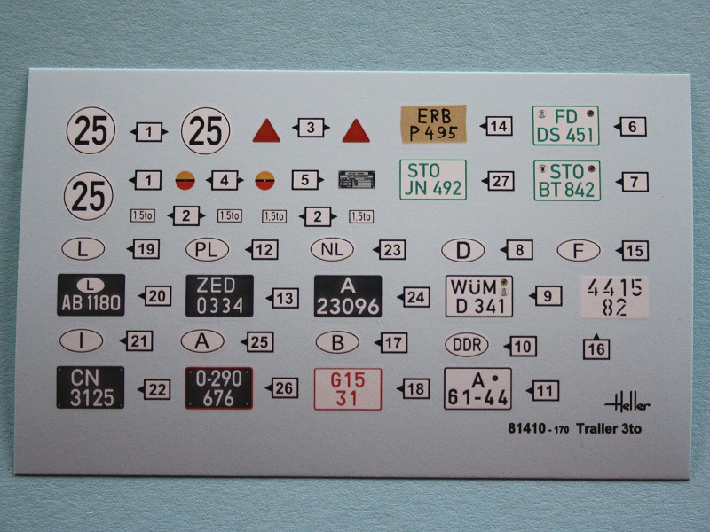 Decalbogen mit vielen verschiedenen Kennzeichen, Typenschild usw.