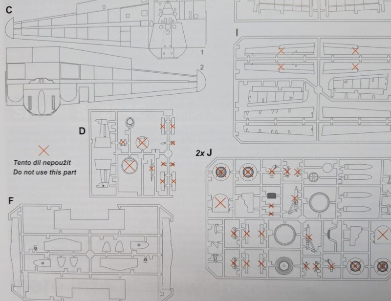 Die zahlreich durchgekreuzten short-run Bauteile der Spritzlinge D/I/J weisen auf den Austausch mit den neuen Kunststoff- bzw. Ätz- oder Resinteilen hin. 
